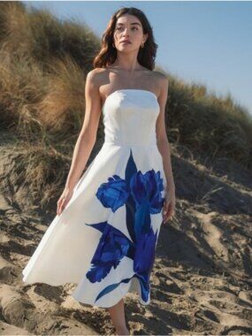 MAC DUGGALWhite Strapless Satin Midi Dress With Flower Print